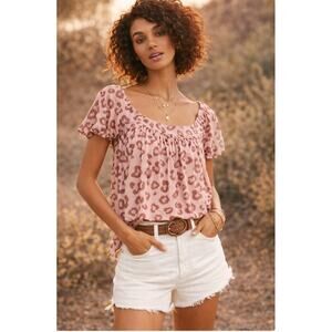 FP Free People Pink Animal Print Black Crop Bubble Hem Blouse Medium Lined